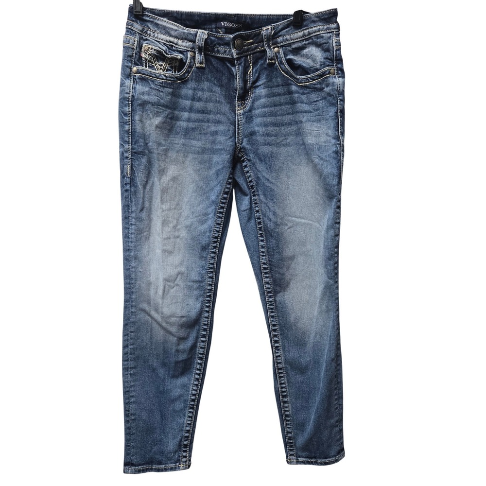Vigoss Chelsea Boyfriend Skinny Jeans Medium Wash Embroidered Pockets Denim
